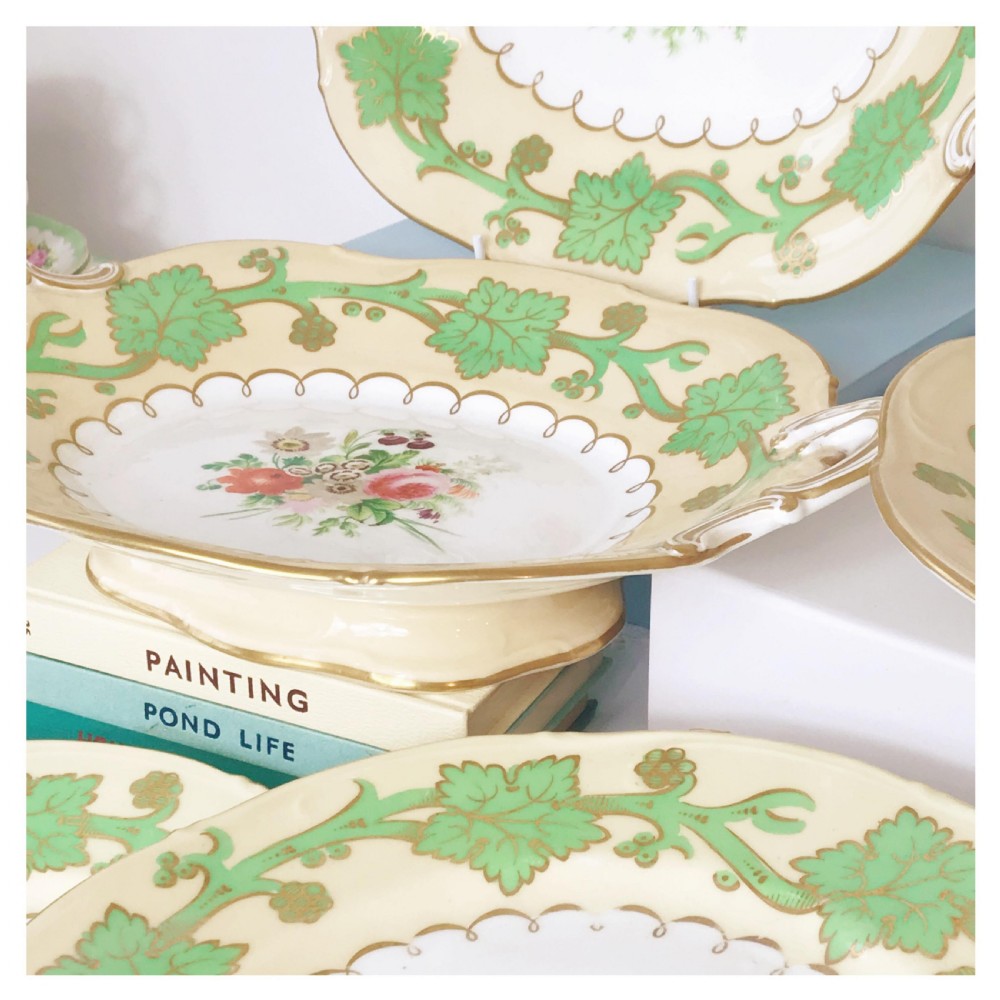 Antique Samuel Alcock handpainted floral dessert service, green foliage View X