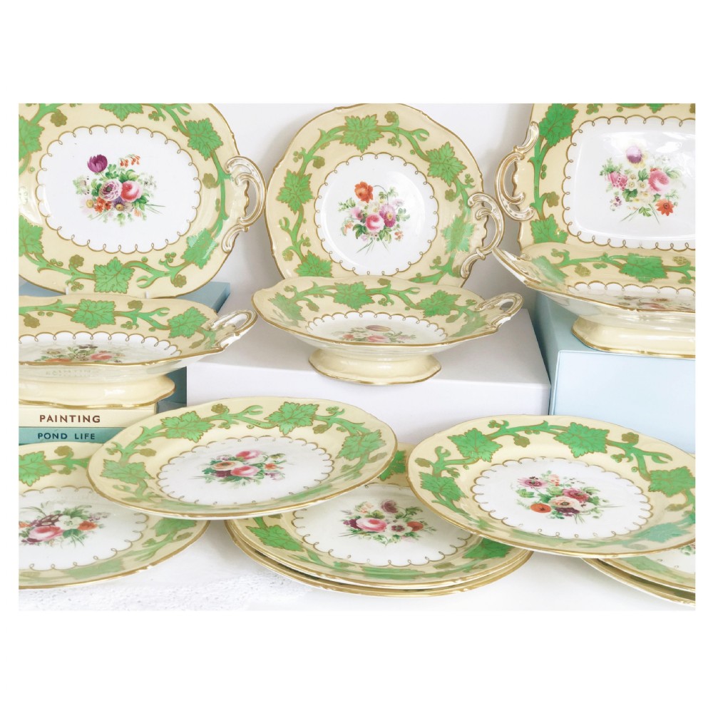 Antique Samuel Alcock handpainted floral dessert service, green foliage View XI