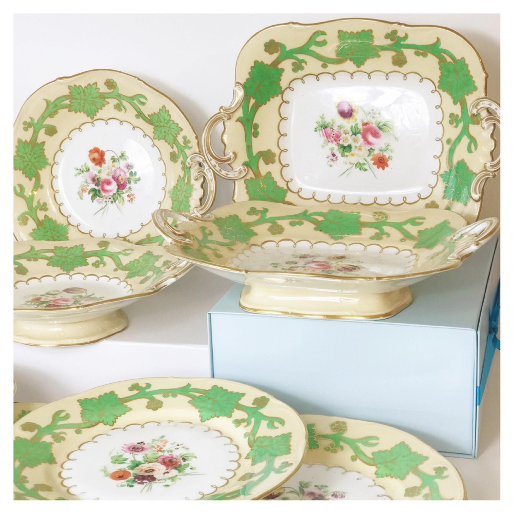 Antique Samuel Alcock handpainted floral dessert service, green foliage View XII