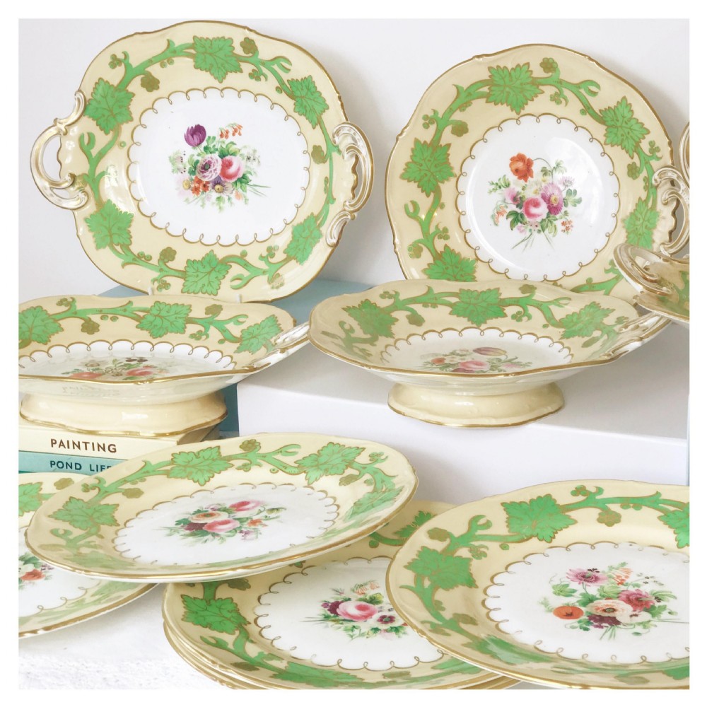 Antique Samuel Alcock handpainted floral dessert service, green foliage View XIII