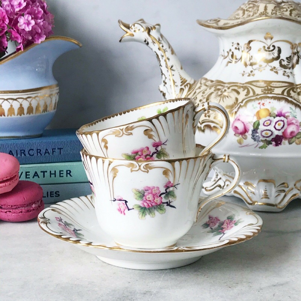 Antique Minton true trio, handpainted pink cherry blossom