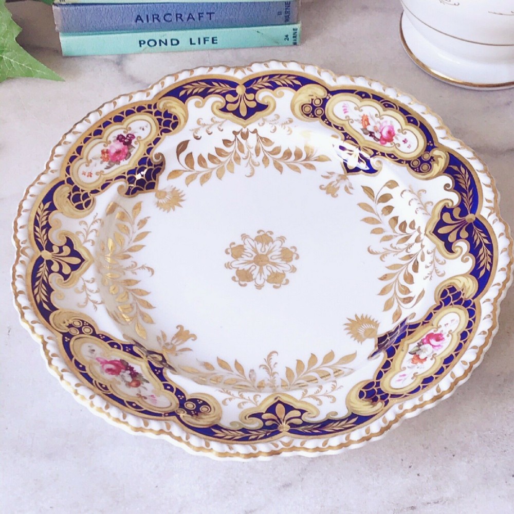 Large antique Ridgway dish/plate, pattern 1268. Cobalt blue and gilt, flowers.