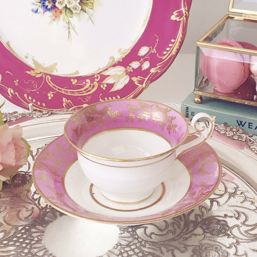 Antique Spode Bell Shape pink ground cup and saucer duo set 