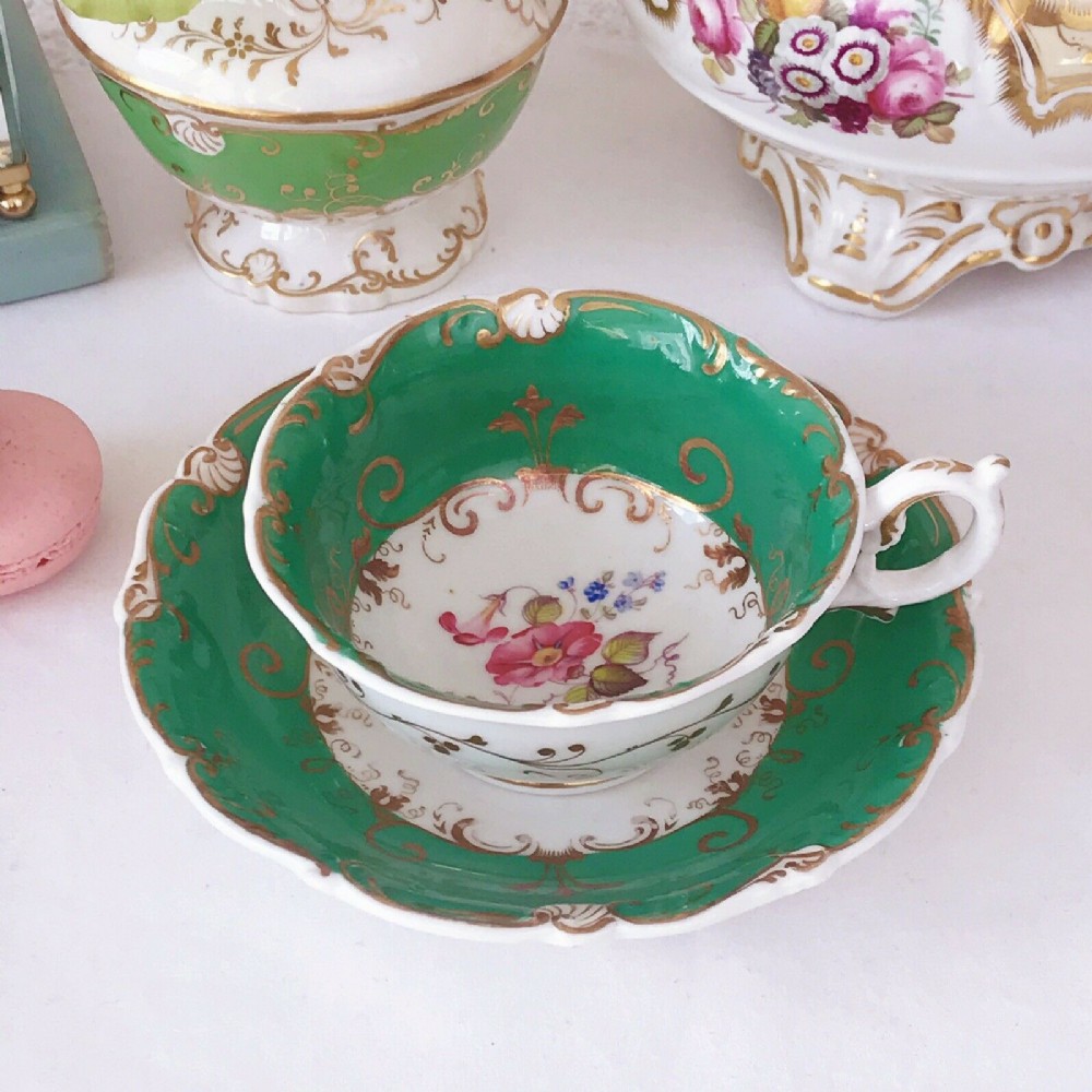 H and R Daniel shell shape teacup and saucer duo, handpainted flowers, patt 5205