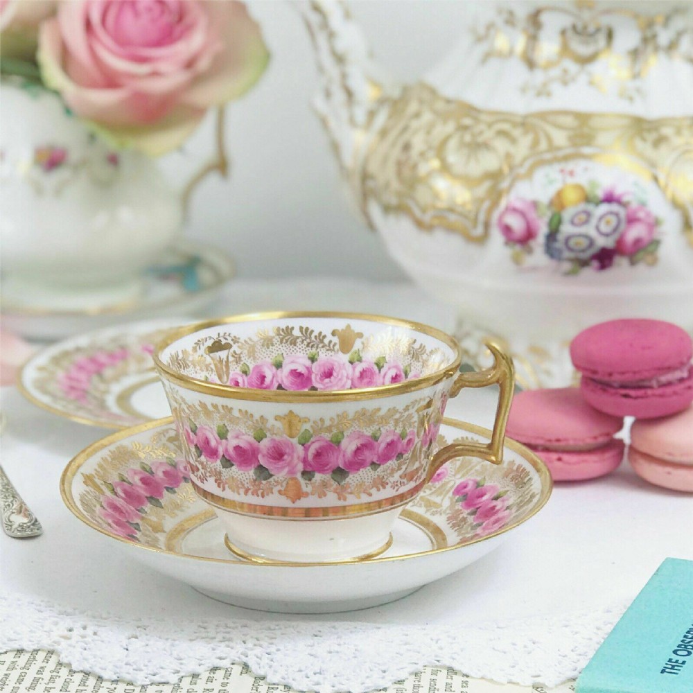 Antique teacup trio, Copelands China, pink cabbage roses and gilt
