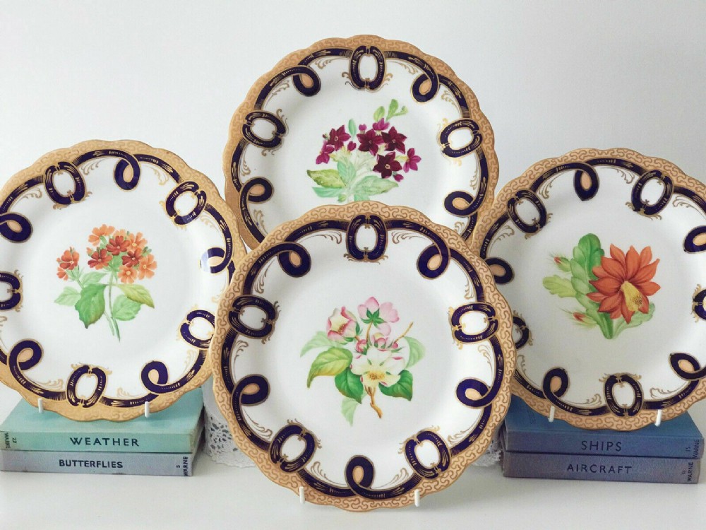 Set of four antique handpainted flower dessert cabinet plates, cobalt blue 