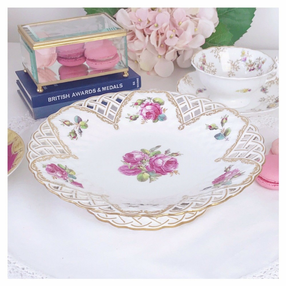 Antique Minton Newcastle Pierced low footed comport with rose decoration