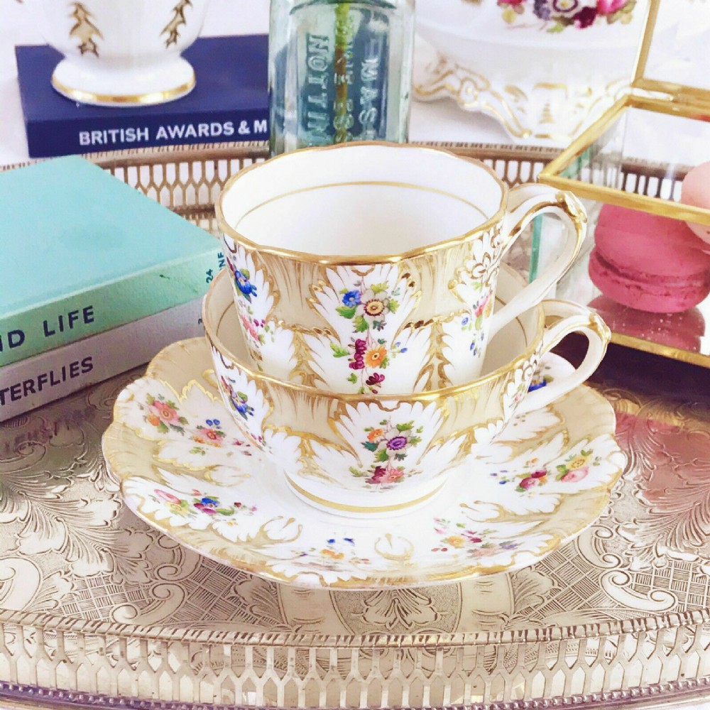 Antique Ridgway foliage shape true trio - teacup, coffee cup, saucer