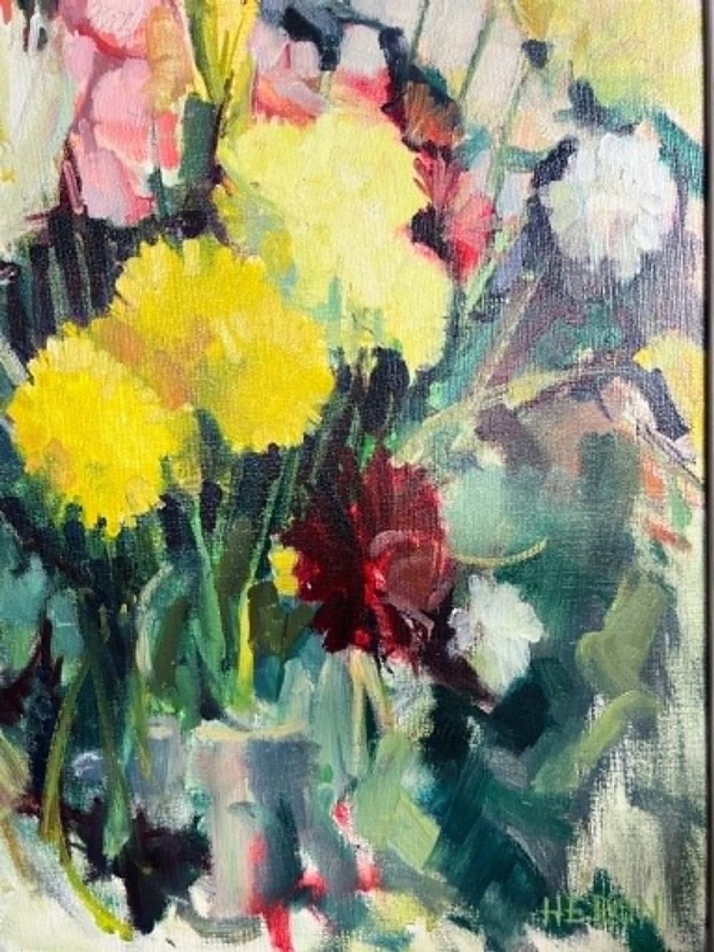 A framed mid-century oil on board painting featuring a colourful floral still life composition with yellow, pink, and green tones set within a wooden frame. View III