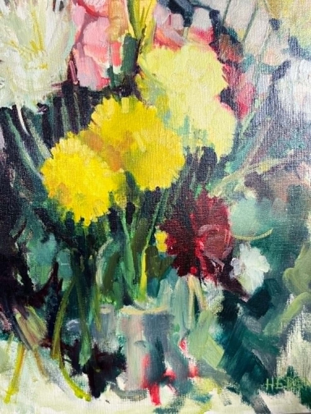 A framed mid-century oil on board painting featuring a colourful floral still life composition with yellow, pink, and green tones set within a wooden frame. View IV