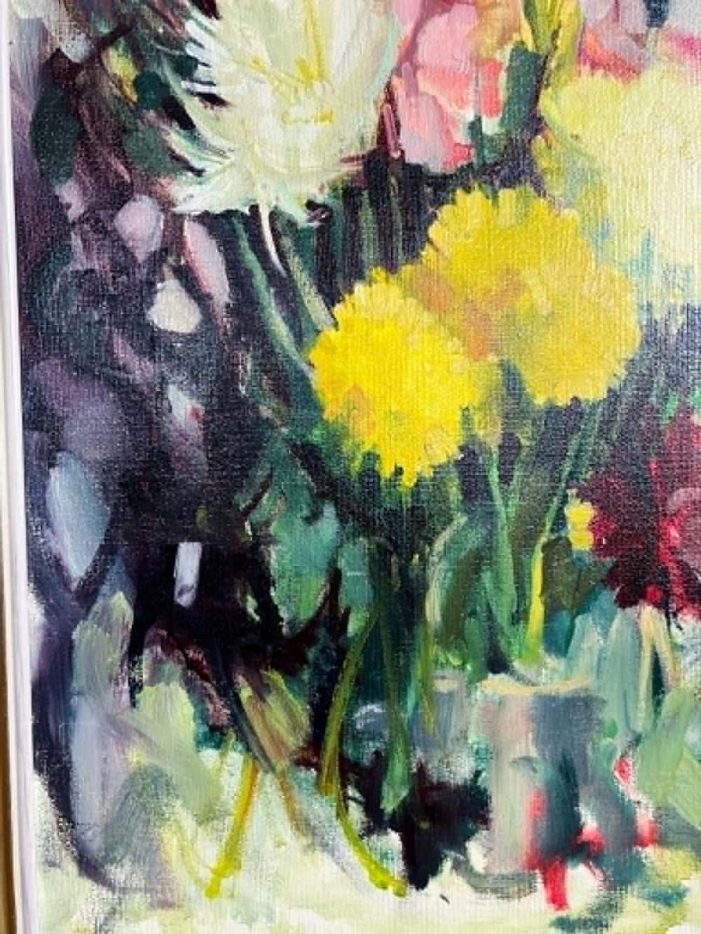 A framed mid-century oil on board painting featuring a colourful floral still life composition with yellow, pink, and green tones set within a wooden frame. View V