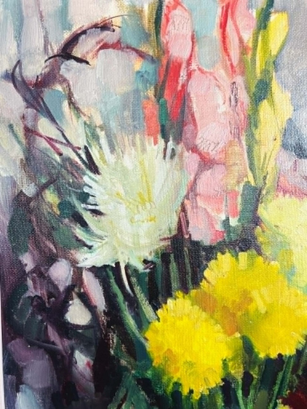 A framed mid-century oil on board painting featuring a colourful floral still life composition with yellow, pink, and green tones set within a wooden frame. View VI