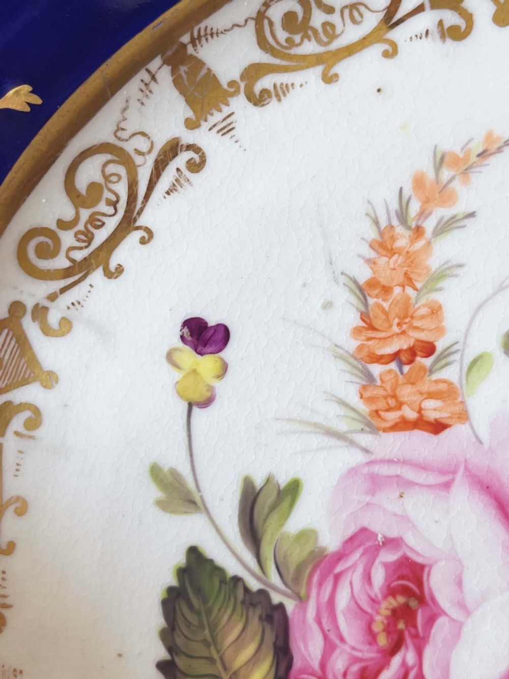 An antique Coalport porcelain dessert plate featuring a central hand-painted floral bouquet surrounded by a rich cobalt blue rim decorated with ornate gold gilding. View X