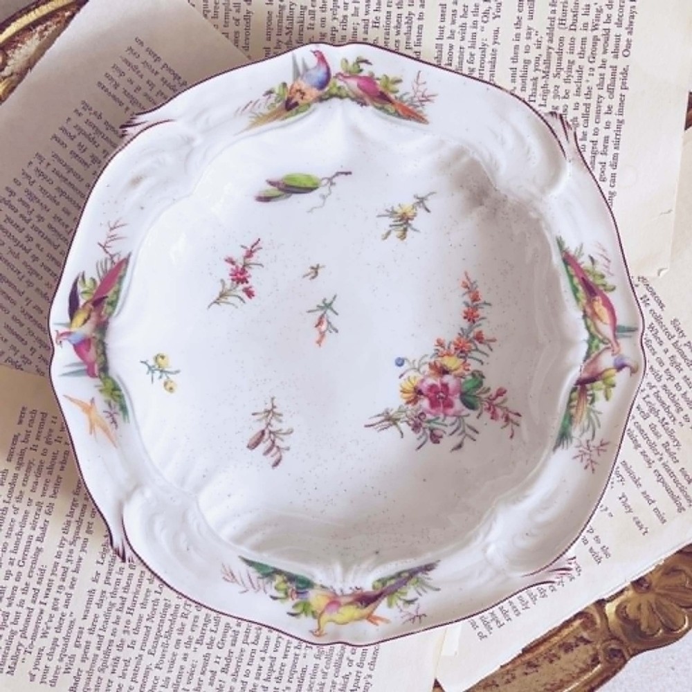A white soft-paste porcelain moulded dish featuring hand-painted polychrome birds along the scalloped rim and floral sprigs in the centre.