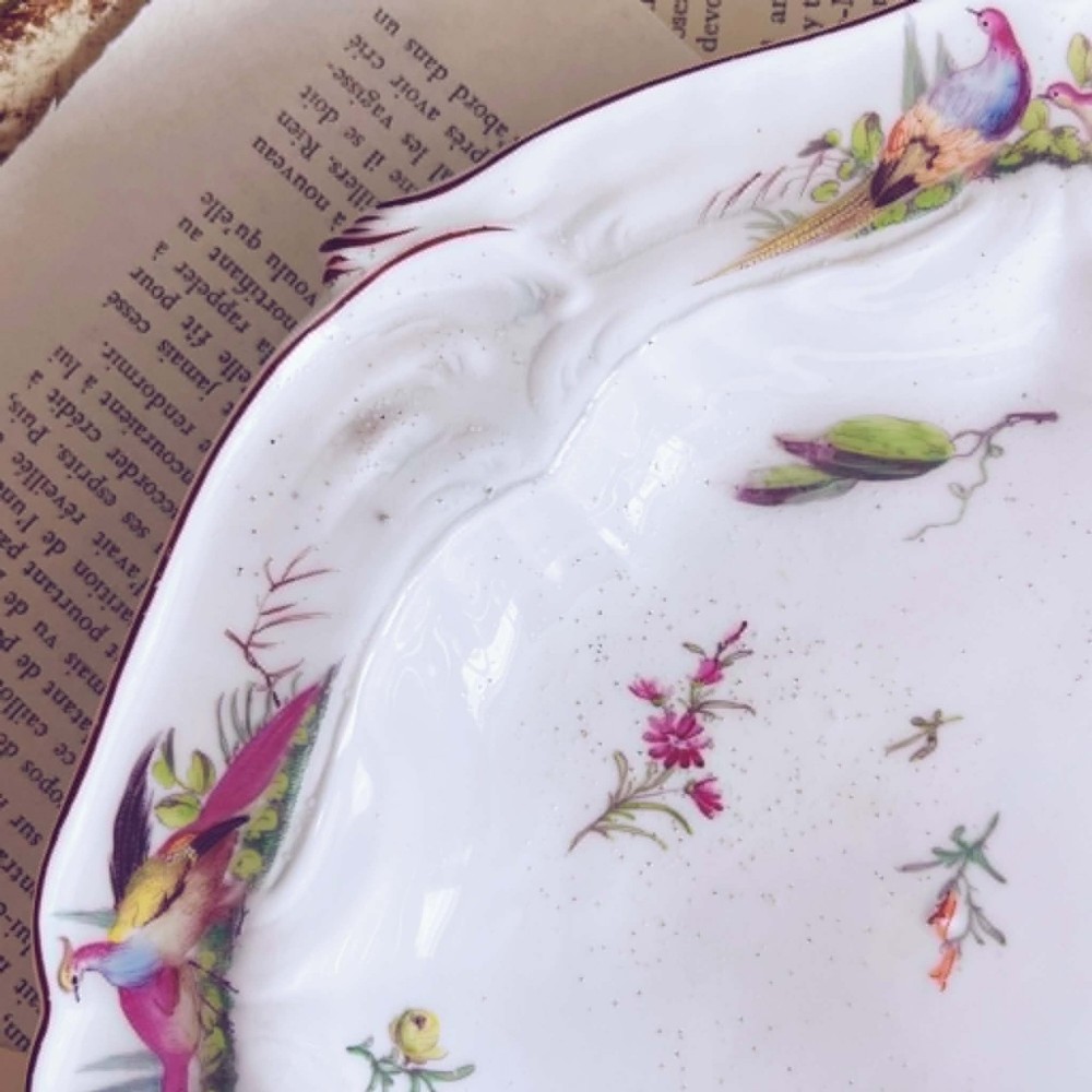 A white soft-paste porcelain moulded dish featuring hand-painted polychrome birds along the scalloped rim and floral sprigs in the centre. View III