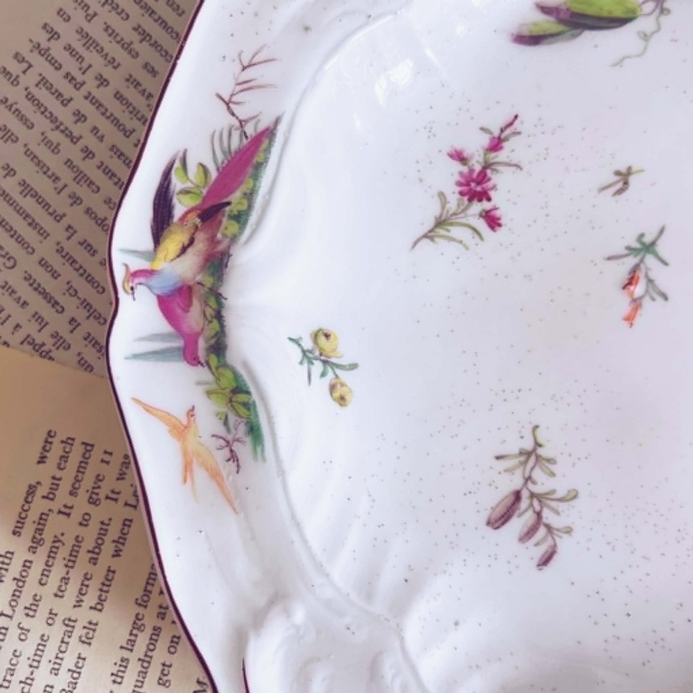 A white soft-paste porcelain moulded dish featuring hand-painted polychrome birds along the scalloped rim and floral sprigs in the centre. View IV