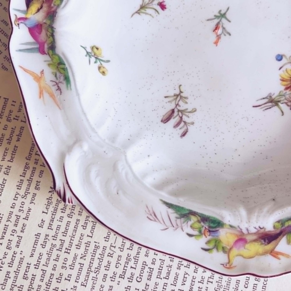 A white soft-paste porcelain moulded dish featuring hand-painted polychrome birds along the scalloped rim and floral sprigs in the centre. View V