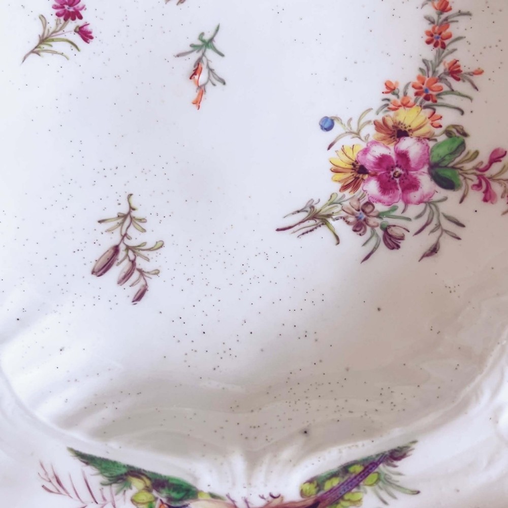 A white soft-paste porcelain moulded dish featuring hand-painted polychrome birds along the scalloped rim and floral sprigs in the centre. View XII