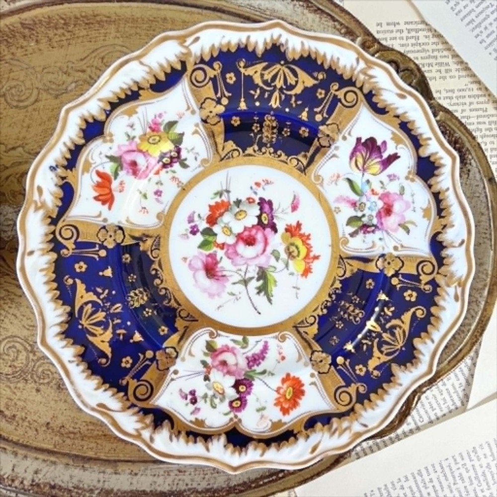 Antique Samuel Alcock dessert plate, cobalt ground & handpainted flowers c.1822