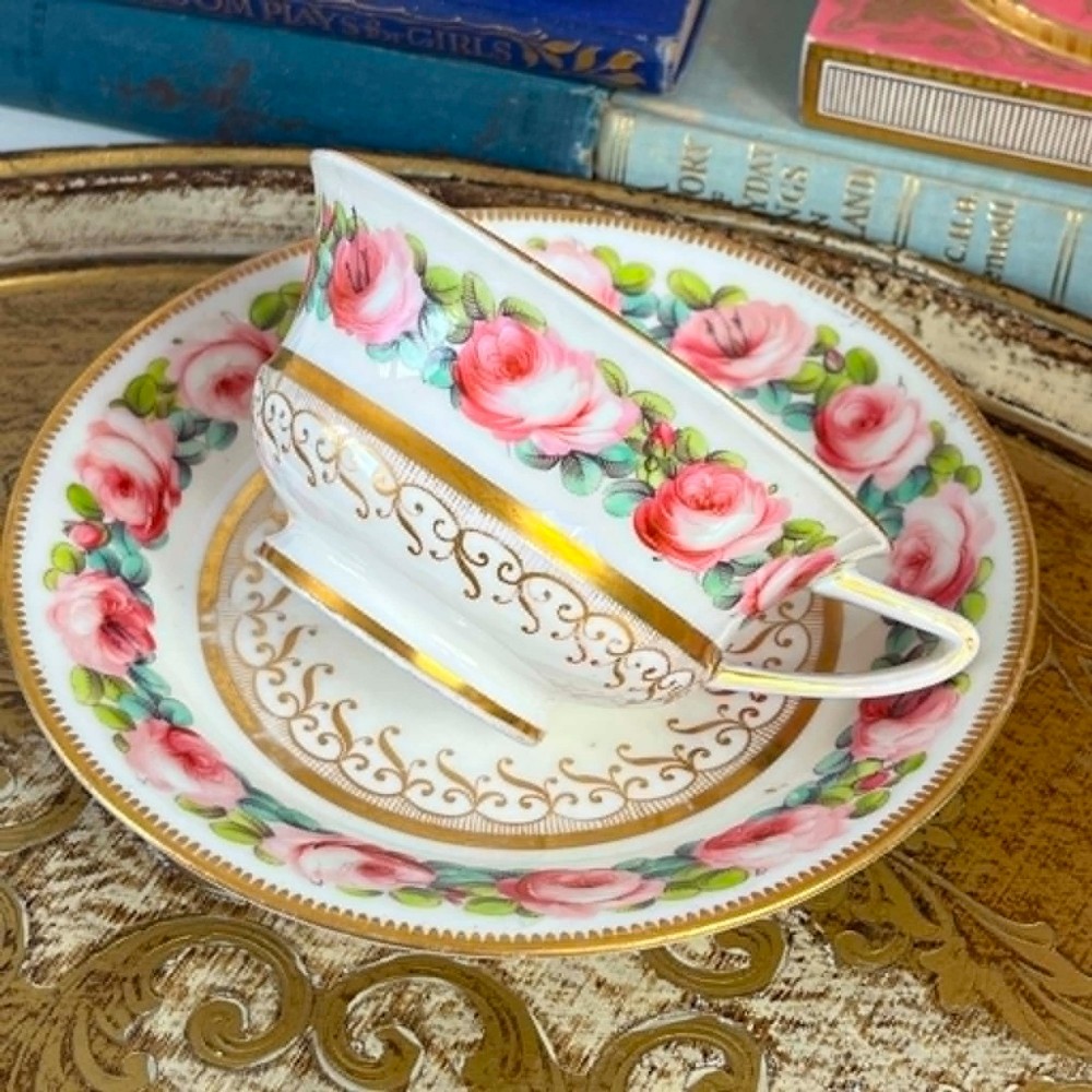Antique Davenport teacup & saucer duo, handpainted pink cabbage roses c.1820