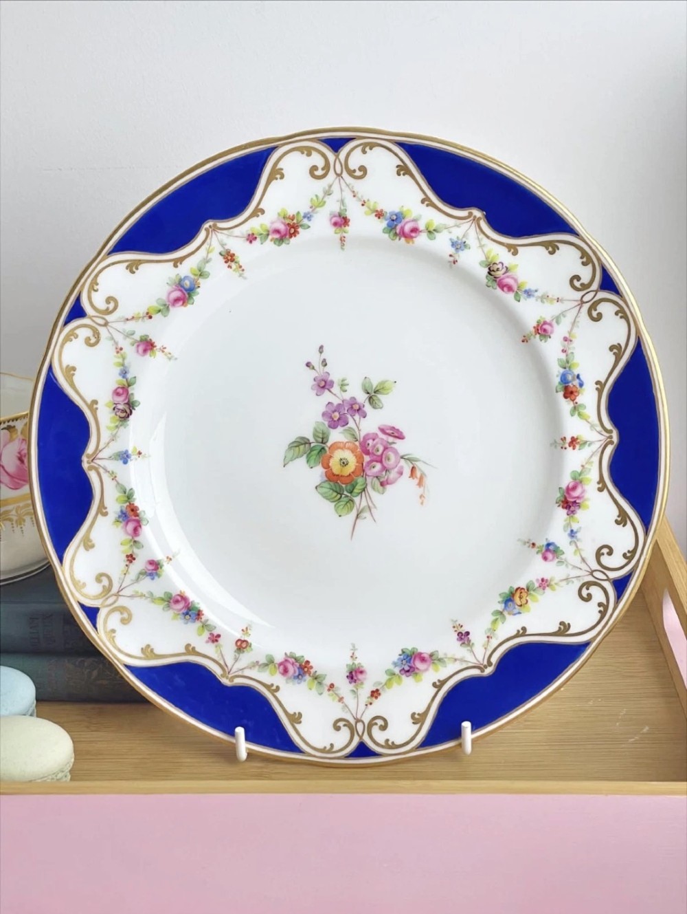 Antique Minton dessert plate with handpainted swags of flowers & cobalt ground