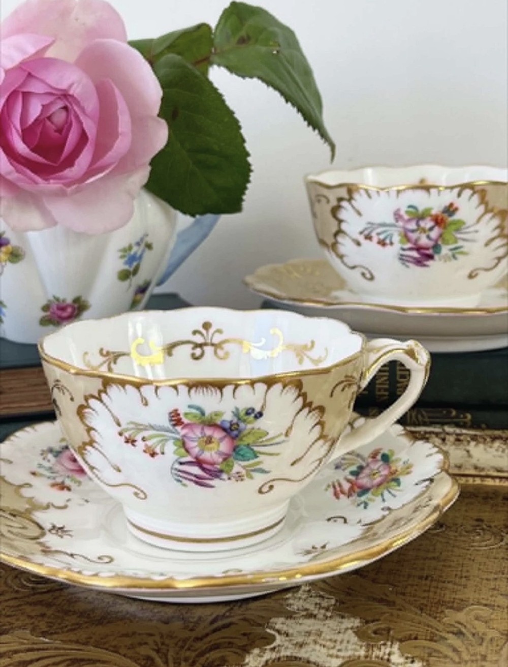Ridgway teacup & saucer in the foliage shape with handpainted flowers c.1850