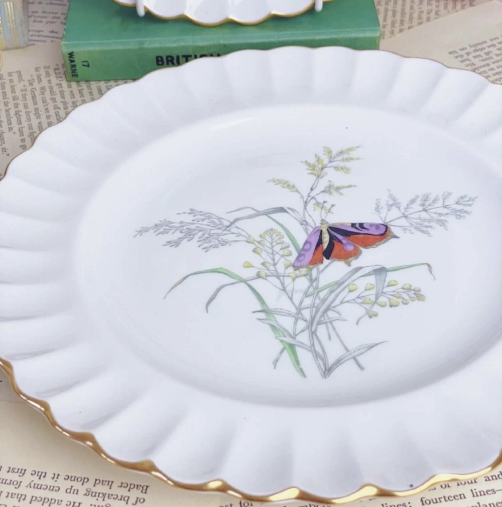 A set of white bone china dessert plates featuring scalloped gilded edges and botanical butterfly illustrations at the centre. View V