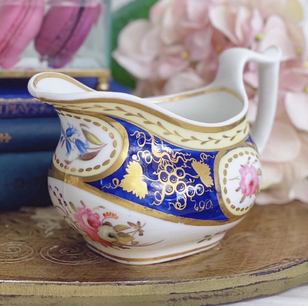 Mrs Bowring creamer milk jug with handpainted flowers inside a cobalt border, c.1825