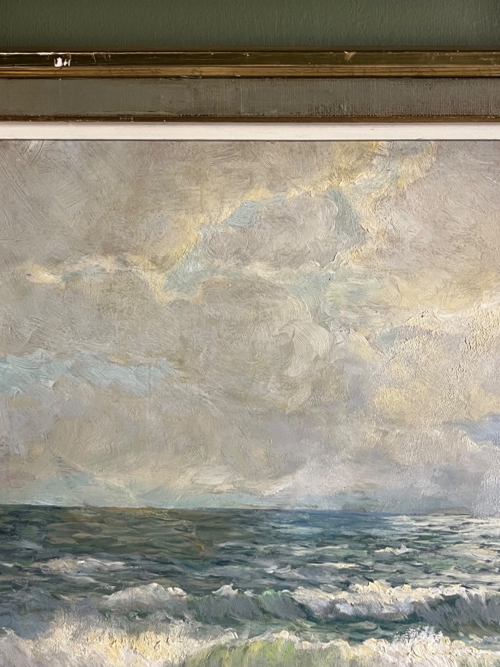 A framed oil painting depicting crashing ocean waves against coastal rocks under an overcast sky, signed by artist Sidney A. Court. View VIII