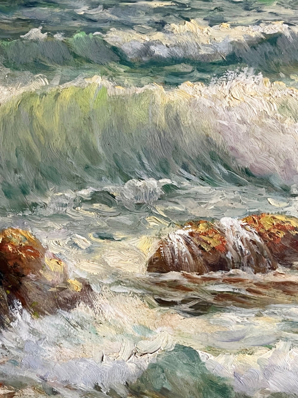 A framed oil painting depicting crashing ocean waves against coastal rocks under an overcast sky, signed by artist Sidney A. Court. View XIV