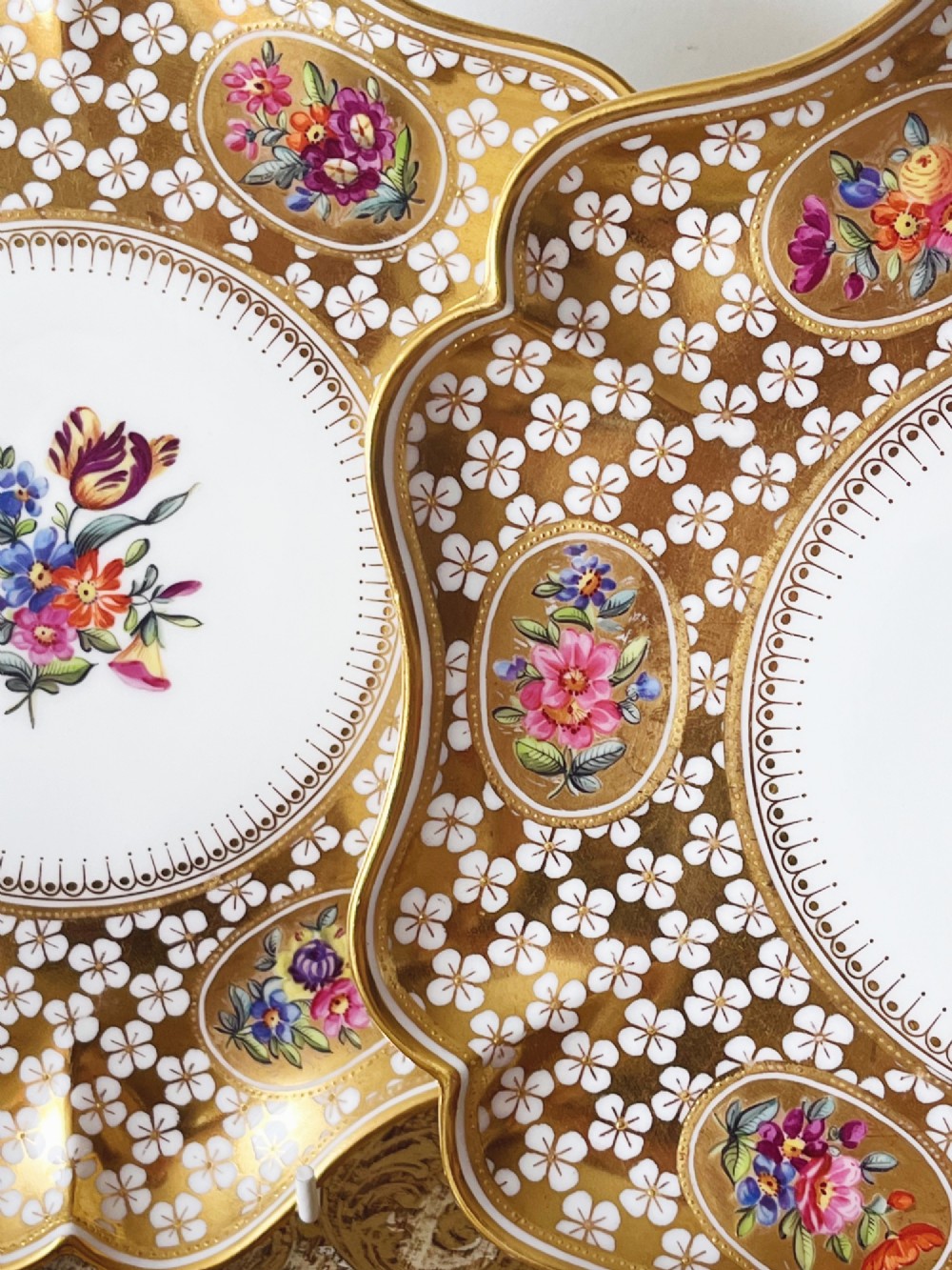 A pair of late Victorian Coalport bone china cabinet plates featuring scalloped rims heavily detailed with gold leaf, white geometric patterns, and central hand-painted floral sprays. View IV