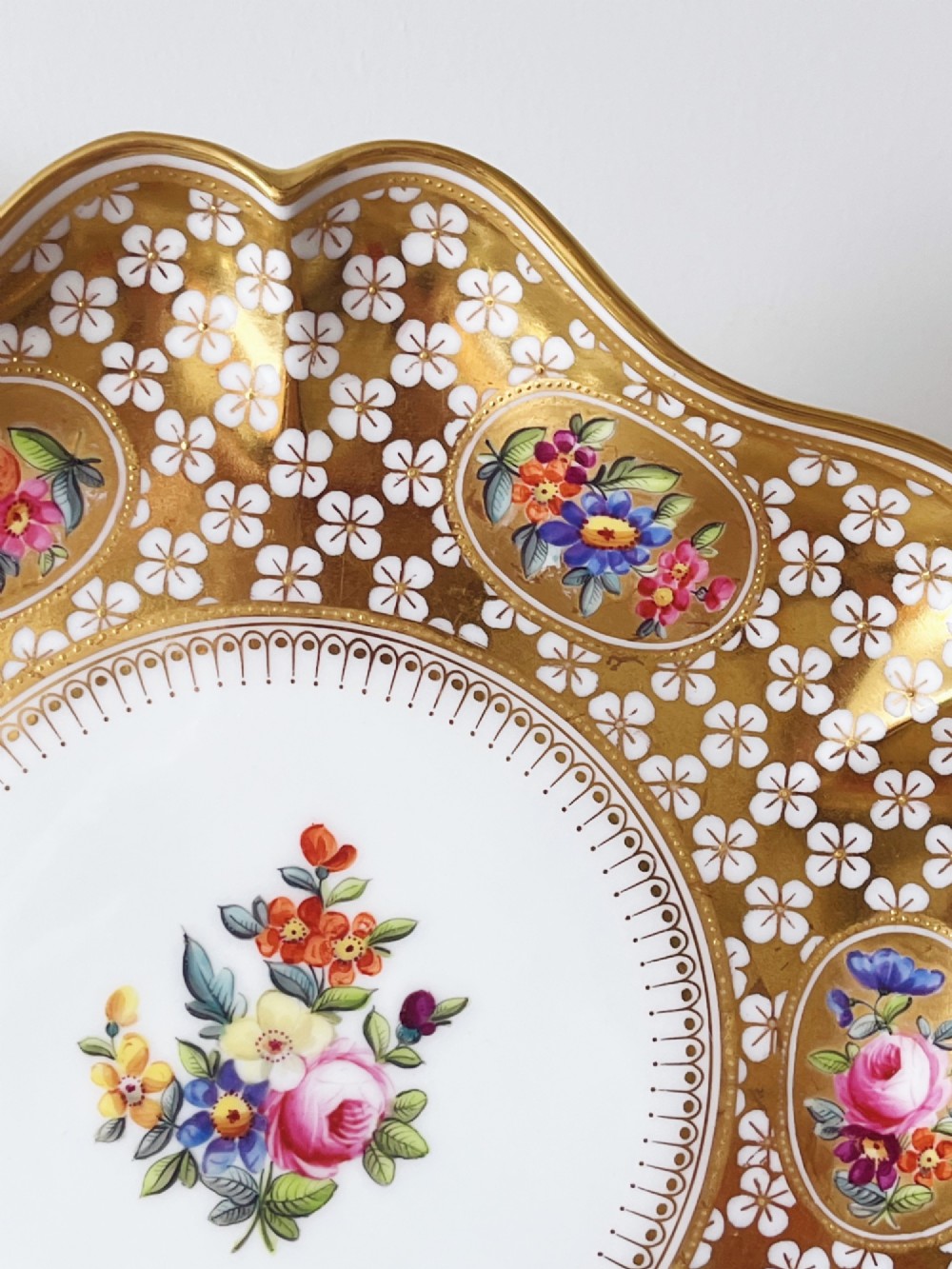 A pair of late Victorian Coalport bone china cabinet plates featuring scalloped rims heavily detailed with gold leaf, white geometric patterns, and central hand-painted floral sprays. View VI