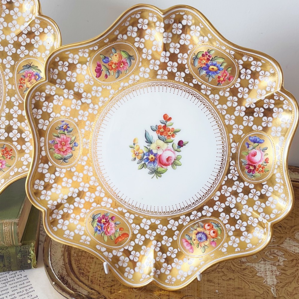 A pair of late Victorian Coalport bone china cabinet plates featuring scalloped rims heavily detailed with gold leaf, white geometric patterns, and central hand-painted floral sprays. View VIII