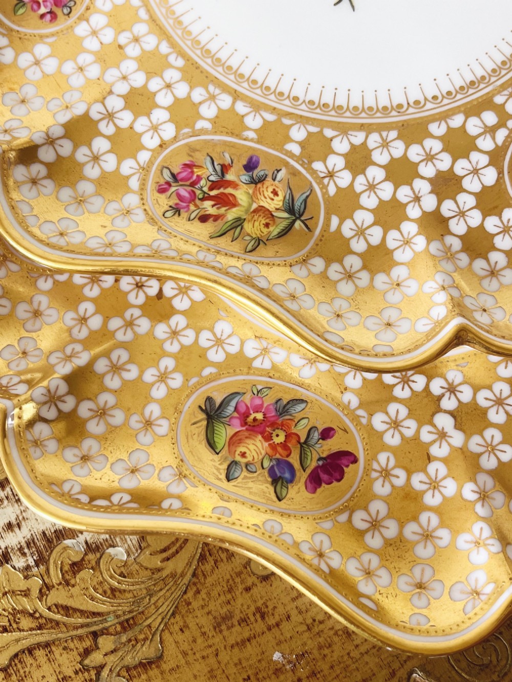 A pair of late Victorian Coalport bone china cabinet plates featuring scalloped rims heavily detailed with gold leaf, white geometric patterns, and central hand-painted floral sprays. View XI