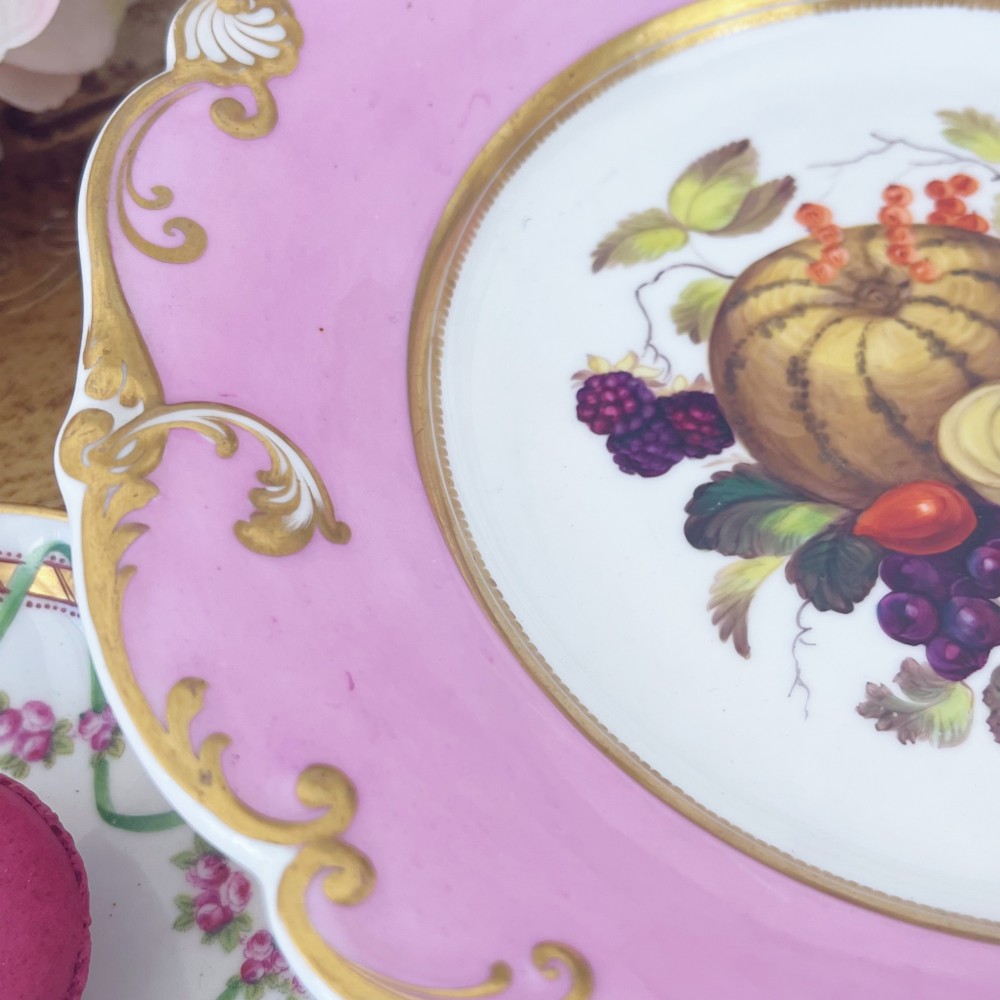 A round early nineteenth-century porcelain footed comport with a rose pink border, gilded shell edge moulding, and a hand-painted central fruit motif. View IX