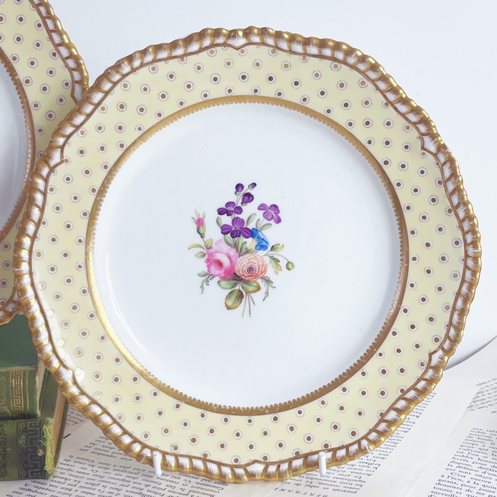 A pair of Regency period Spode Felspar porcelain dessert plates featuring pale yellow patterned rims with gilded scalloped edges and central hand-painted floral sprays. View II