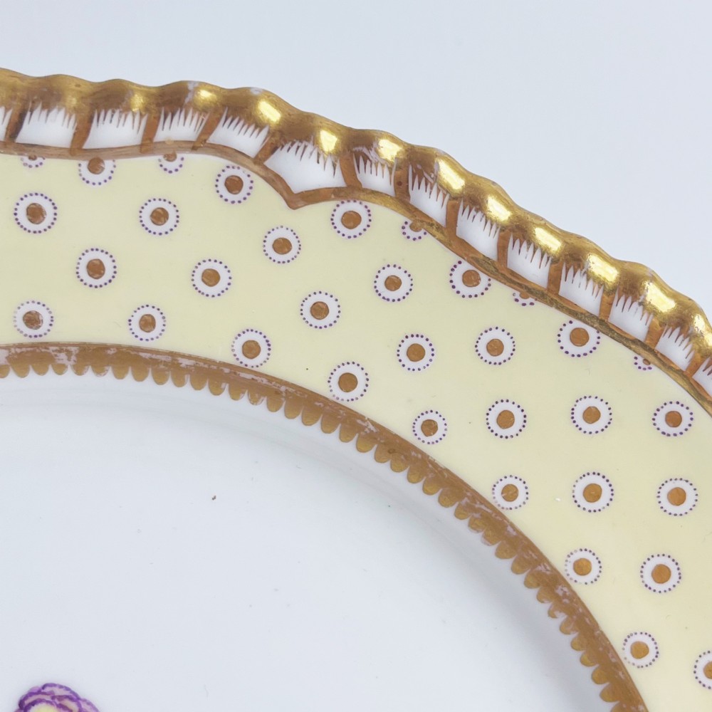 A pair of Regency period Spode Felspar porcelain dessert plates featuring pale yellow patterned rims with gilded scalloped edges and central hand-painted floral sprays. View X