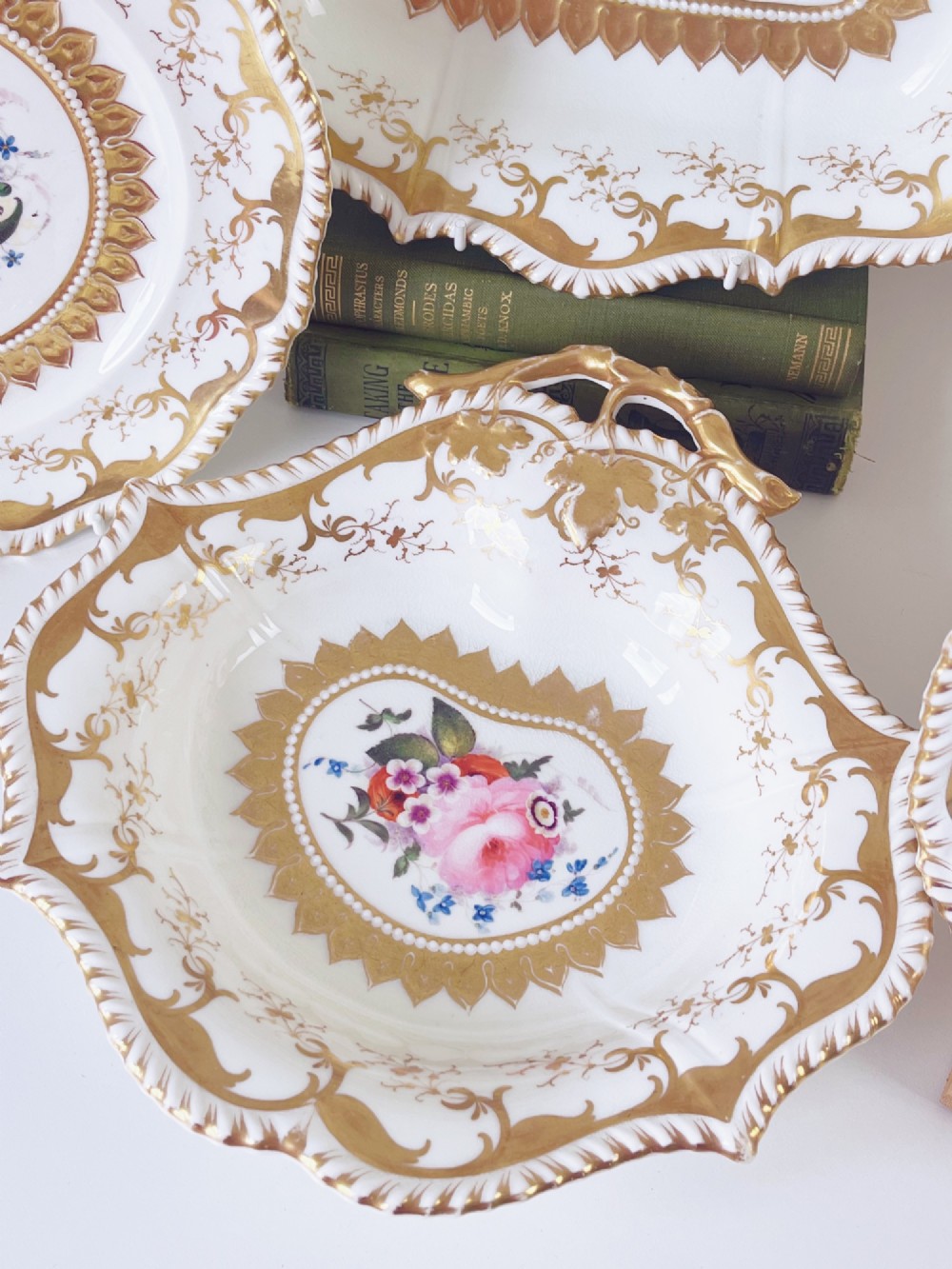 An eight-piece Regency Grainger Lee & Co porcelain dessert service with gold leaf borders and hand-painted floral centres against a white ground. View V
