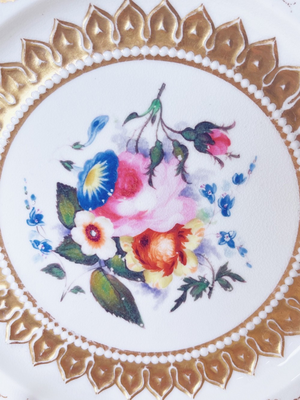 An eight-piece Regency Grainger Lee & Co porcelain dessert service with gold leaf borders and hand-painted floral centres against a white ground. View XI