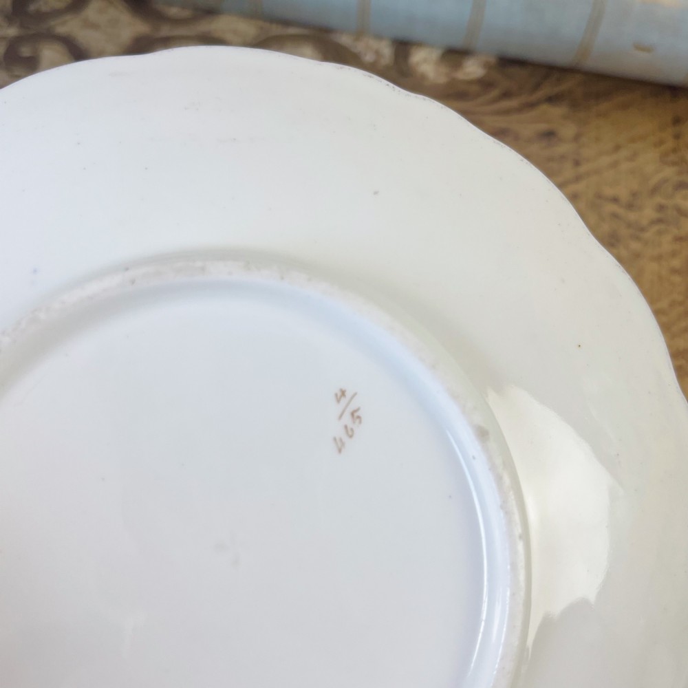 An antique bone china teacup and saucer set featuring cobalt blue scroll borders, gilded ornamentation, and hand-painted floral sprays on a white ground. View XV