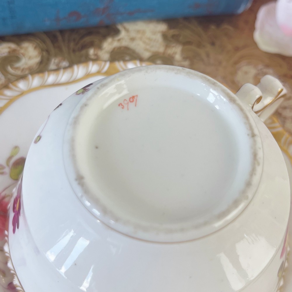 A white porcelain teacup and saucer set featuring hand-painted floral motifs, a gadrooned rim, and gilded scroll accents. View XI