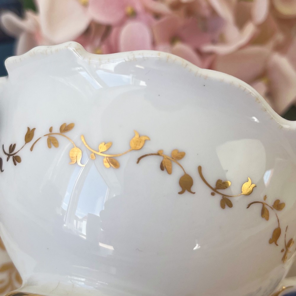 An antique Regency period white porcelain teacup and saucer featuring hand-painted blue floral motifs and gilded ornate rim embellishments. View III