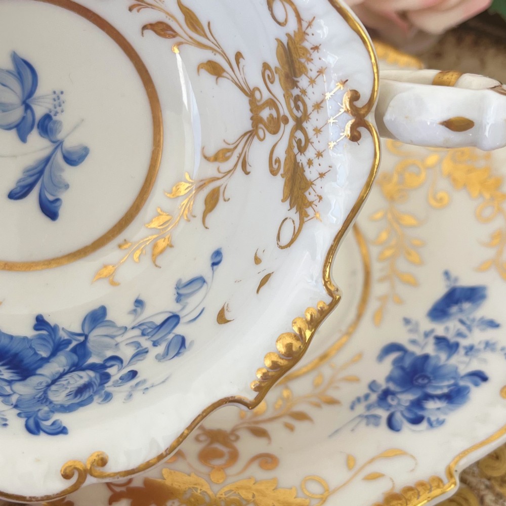 An antique Regency period white porcelain teacup and saucer featuring hand-painted blue floral motifs and gilded ornate rim embellishments. View VII