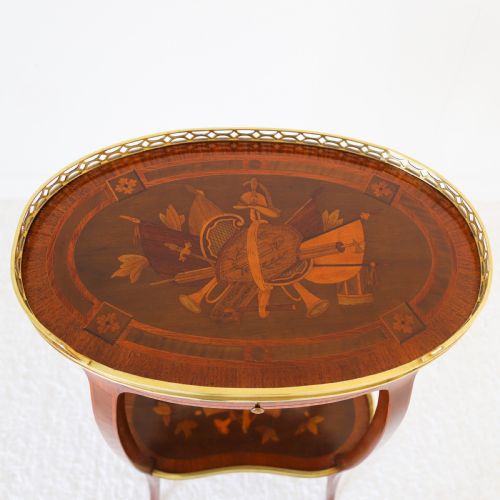 FRENCH AMBULANTE TWO TIER MARQUETRY TABLE WITH BRASS GALLERY - ADDITIONAL PHOTO 9