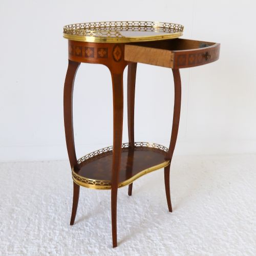 FRENCH AMBULANTE TWO TIER MARQUETRY TABLE WITH BRASS GALLERY - ADDITIONAL PHOTO 10