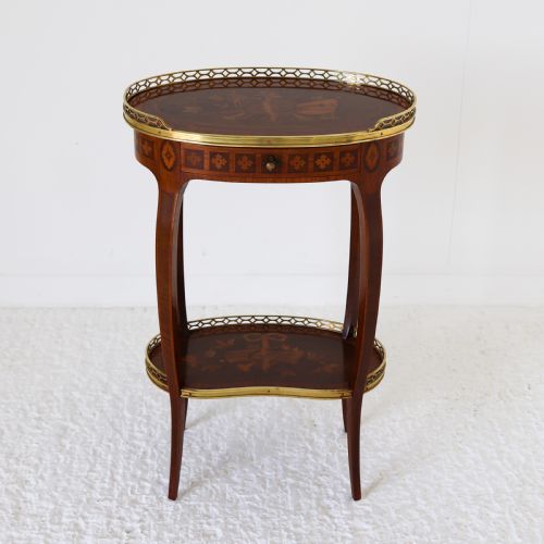 FRENCH AMBULANTE TWO TIER MARQUETRY TABLE WITH BRASS GALLERY - ADDITIONAL PHOTO 11