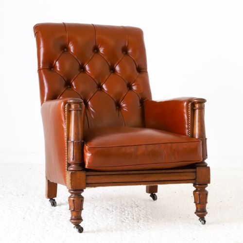 english william iv library chair reupholstered in tan leather - CATEGORY: ANTIQUE CHAIRS - DATED 19TH CENTURY