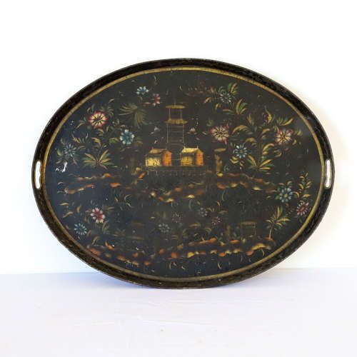 SWEDISH C 1900 ANTIQUE CHINOISERIE DECORATED OVAL TRAY