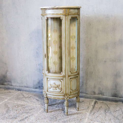 fig 1. 1920s French Petite Demi Lune Vitrine with Marble Top & Glass Shelves