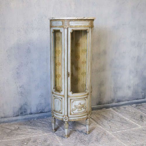 fig 2. 1920s French Petite Demi Lune Vitrine with Marble Top & Glass Shelves